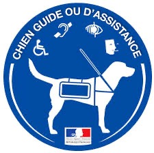 Logo universel chien de chien d'assistance sur fond bleu, avec un chien blanc et Marianne représentant la République Française