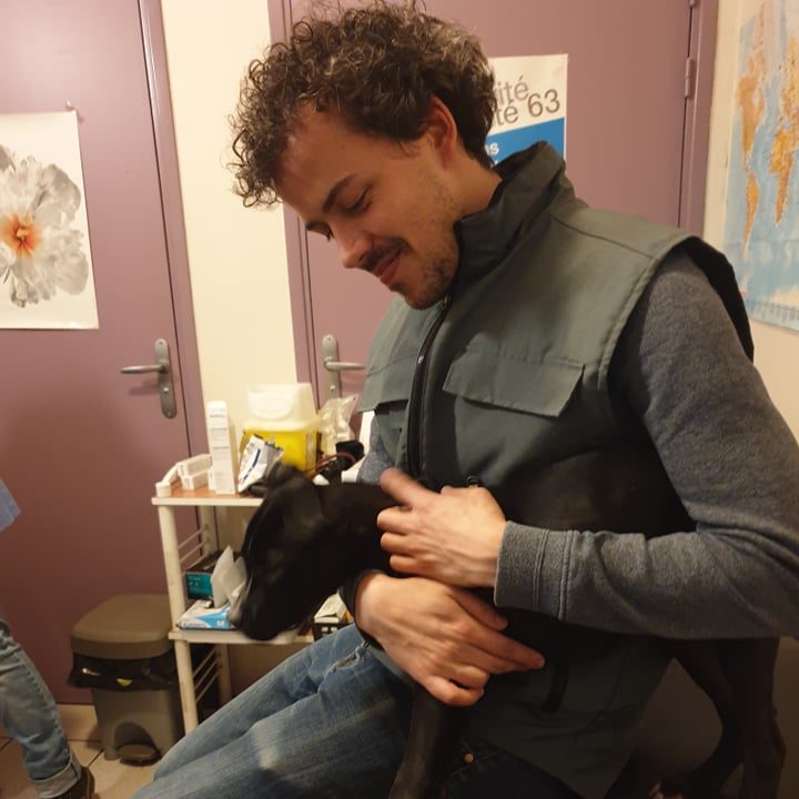 Theo Noguer, jeune vétérinaire, souriant prenant soin du chiot qui est à ses côtés