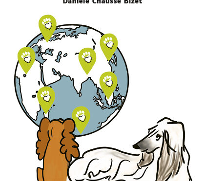 Fac-similé de la couverture du recueil de nouvelles de Danièle Chausse Bizet, illustrée par le dessin de deux chiens qui regardent un globe terrestre.