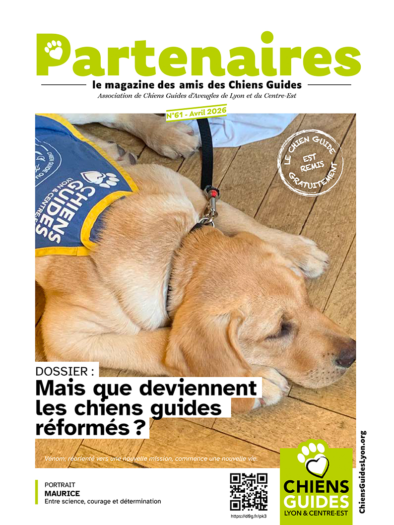 Couverture du magazine Partenaires n°61. En photo, Vénom à quelques mois, assoupi avec sa cape d'élève chien guide.