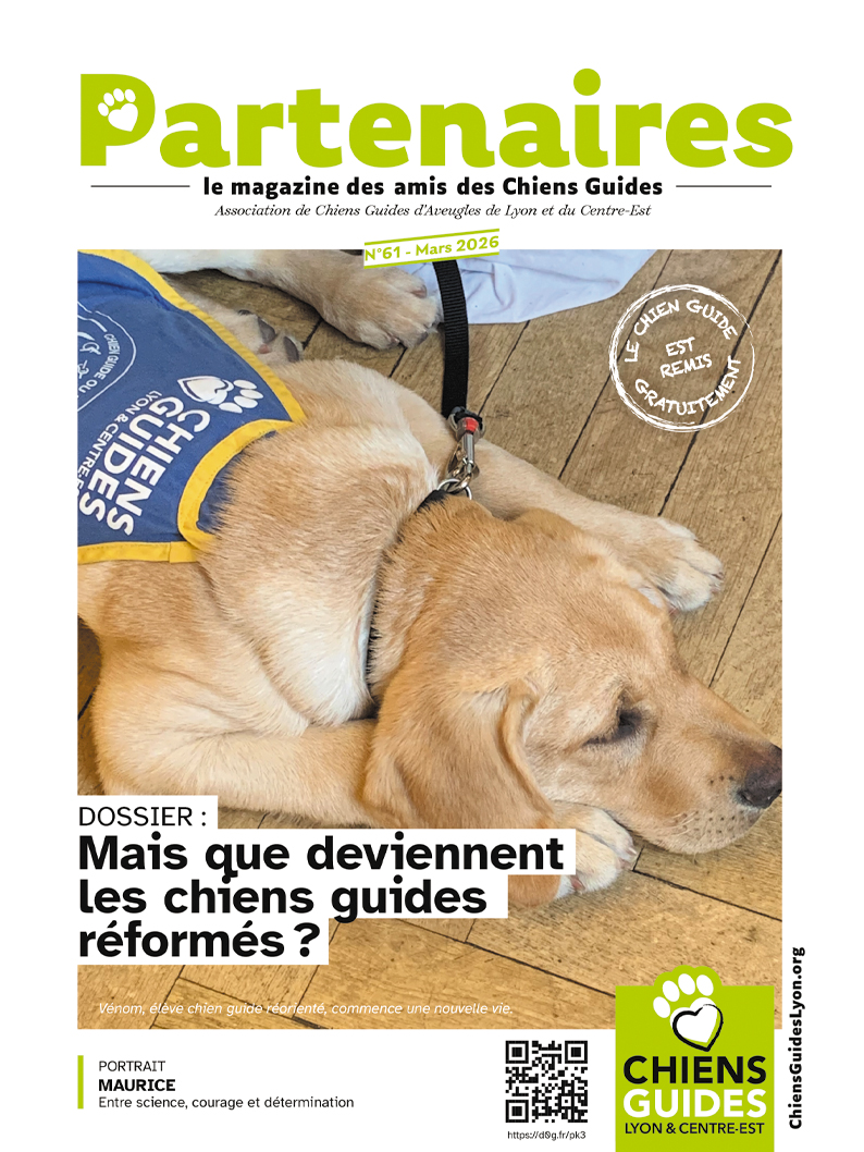 Couverture du magazine Partenaires n°61. En photo, Vénom à quelques mois, assoupi avec sa cape d'élève chien guide.