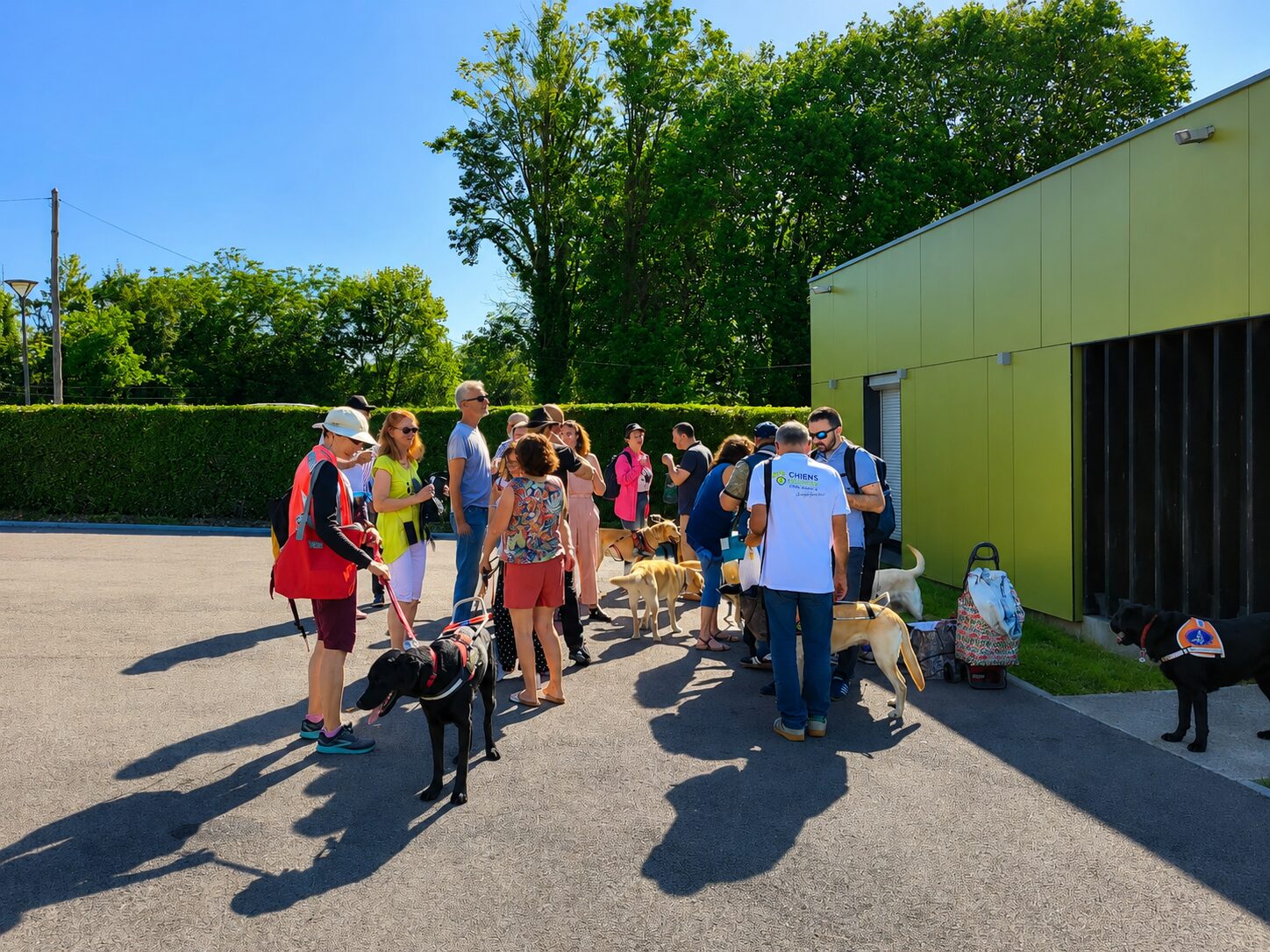 Plusieurs maîtres chiens guides, salariés et adhérents sont réunis au soleil, en train de discuter, devant le bâtiment de formation pour la Journée de l'association 2026.